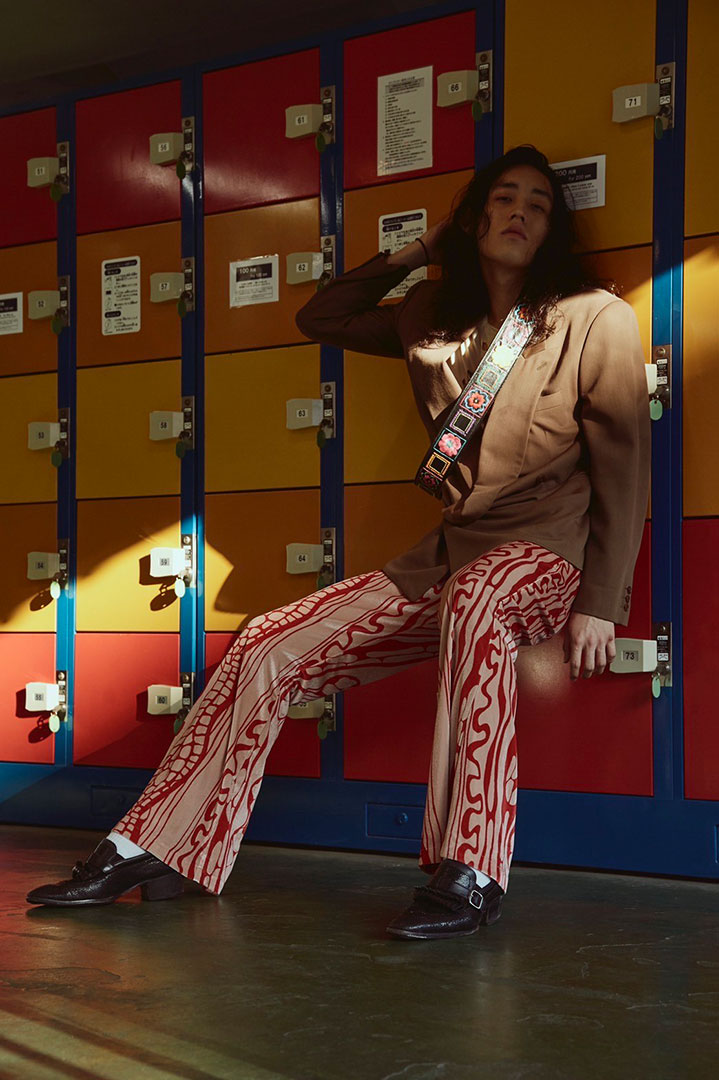 evening primrose velor flare pants red/beige